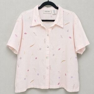 Vintage Y2K Lemon Grass Linen Blend Blouse Womens Large Pink Floral‎ Beaded...